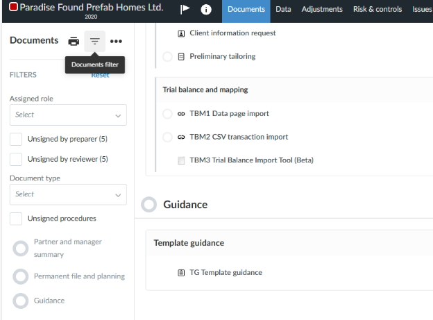 A screenshot of the user interface of the Documents page showing a Documents filter option.